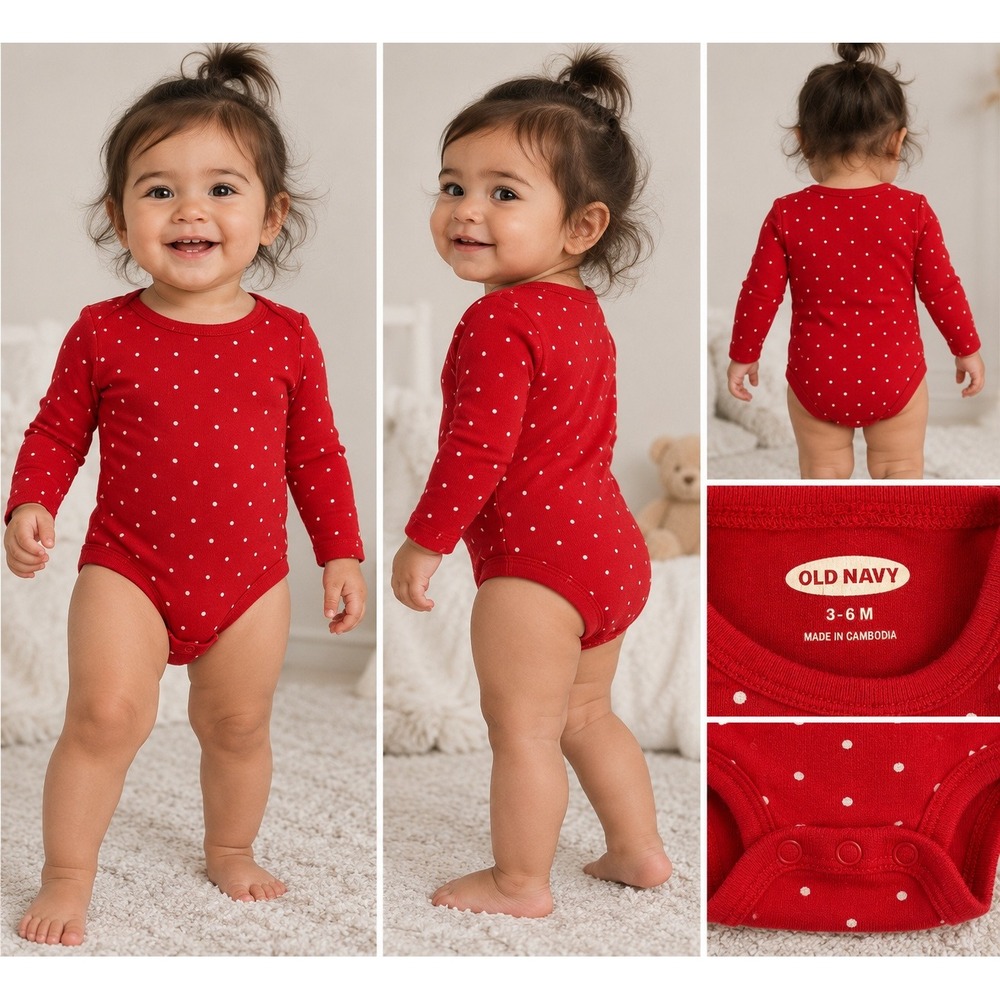 Old Navy Bodysuit Baby 3-6M Red Preppy Americana Polka Dot Long Sleeve